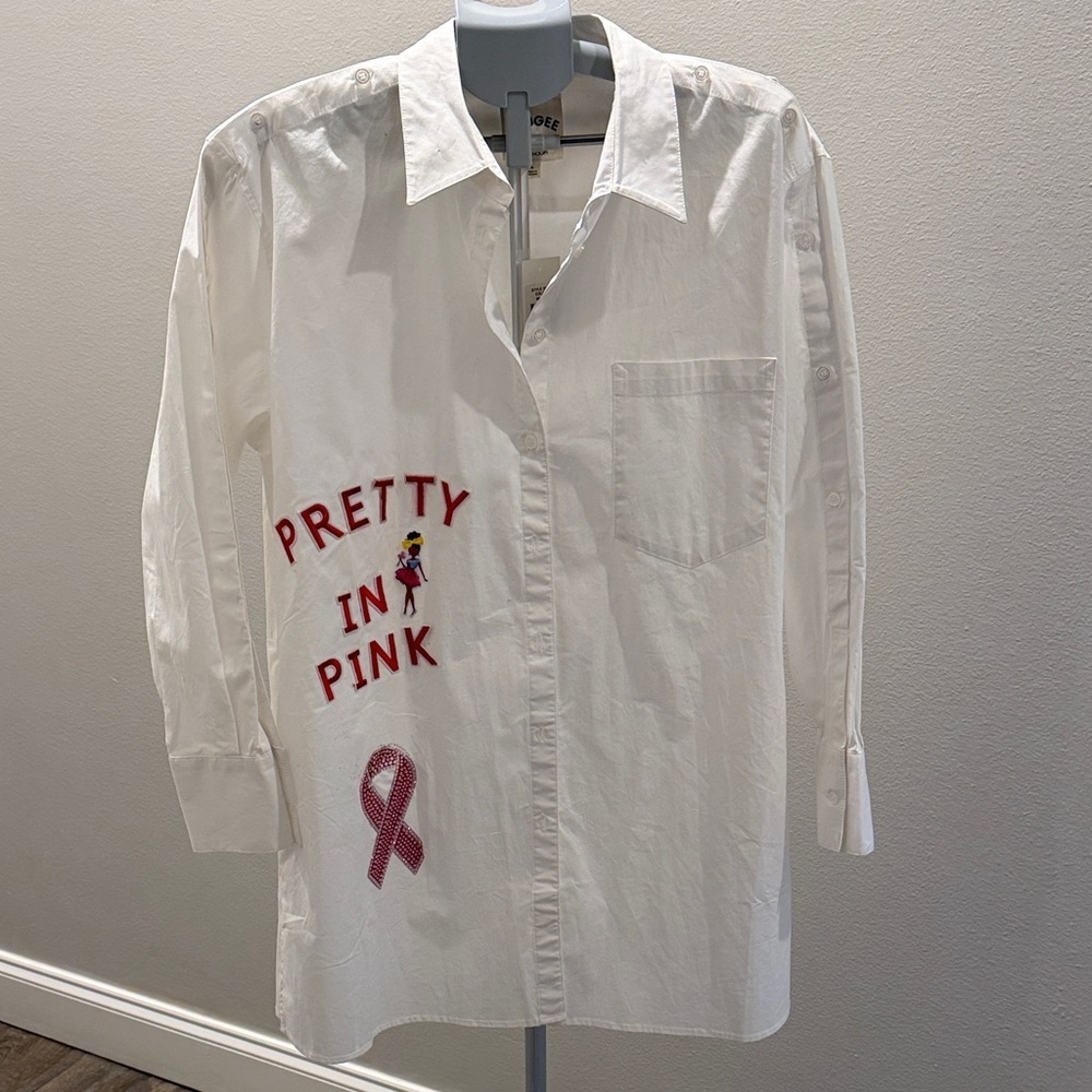 Chic White Oversized Shirt Dress with Pink Accents